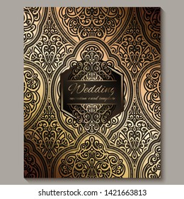 Wedding invitation card with black and gold shiny eastern and baroque rich foliage. Ornate islamic background for your design. Islam, Arabic, Indian, Dubai
