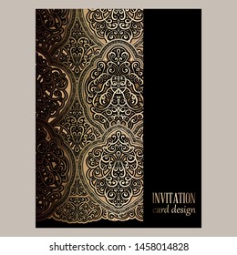Wedding invitation card with black and gold shiny eastern and baroque rich foliage. Ornate islamic background for your design. Islam, Arabic, Indian, Dubai