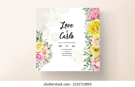 wedding invitation card with blooming peony and roses flower watercolor