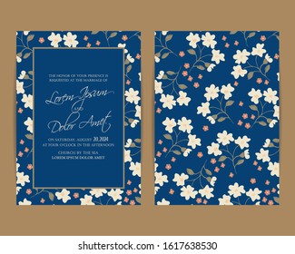 Wedding Invitation Card with Blue Background and Floral Elements.