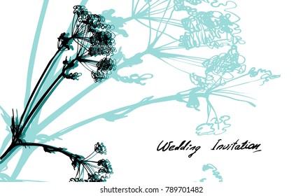 Wedding invitation card with blue and black botanica nature flower motiv. Bloom silhouette visit card. Herbal vintage hand drawing floral print for nature product. Ink sketch style nature