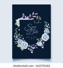 wedding invitation card in blue floral and leaves