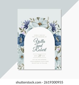 wedding invitation card with blue floral watercolor