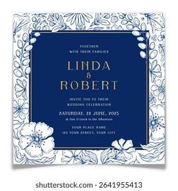 Wedding invitation card with blue floral line art in toile de jouy style. Marriage invite postcard with hand drawn flower background and navy blue frame with gold typography. Vector illustration.