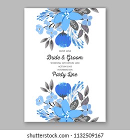 Wedding invitation card blue flower rose text wording template Marriage ceremony ornament Floral poster Vector decorative greeting card, bridal shower invitation design baby shower invite background