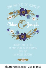 Wedding invitation card with blue and gold flowers on blue background.