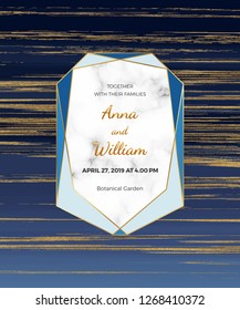 Wedding invitation card with blue and golden glitter liquid marble texture, polygonal frame and golden lines 
