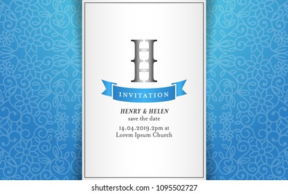 Wedding invitation card blue gradient floral flower background and white paper as cover with label and name logo vector illustration