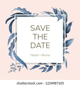 Wedding invitation card with blue leaves design vector