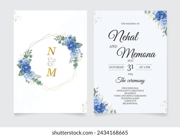 Wedding Invitation Card with Blue Luxury Floral Template. Illustrator and designer. Wedding Invites, save the date, Birthday Invites, Video Invites, E-Cards.