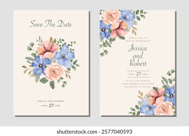 wedding invitation card blue pink floral watercolor frame