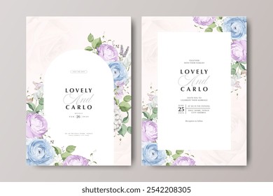 wedding invitation card with blue and purple ranunculus flower