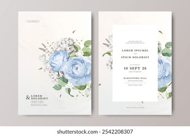 Tarjeta de invitación de Boda con ránulo azul y flor de hortensia