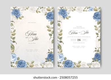 Tarjeta de invitación de boda con decoración de flores de rosas azules