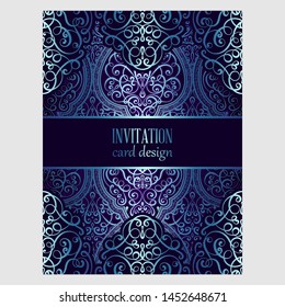 Wedding invitation card with blue shiny eastern and baroque rich foliage. Ornate islamic background for your design. Islam, Arabic, Indian, Dubai