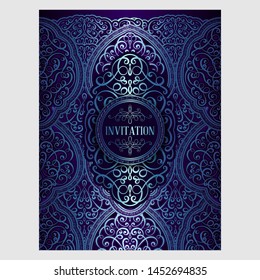 Wedding invitation card with blue shiny eastern and baroque rich foliage. Ornate islamic background for your design. Islam, Arabic, Indian, Dubai