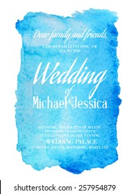 Wedding Invitation Card With Blue Watercolor Blot On Backdrop. Vector Illustration.