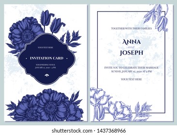 Wedding invitation card with blue and white poppy flower