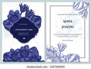 Wedding invitation card with blue and white celandine