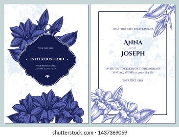 Wedding invitation card with blue and white gentiana