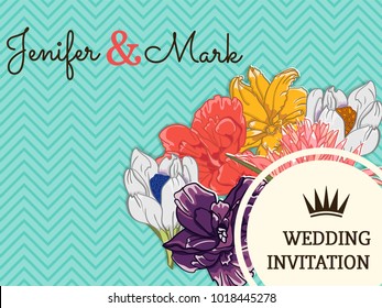 Wedding invitation card with bouquet of hand drawn flowers, zig zag pattern background
