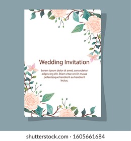 wedding invitation card with branches and flowers decoration vector illustration design