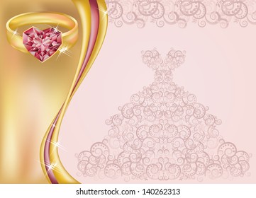 Wedding invitation card with bride dress and golden ring, vector illustration
