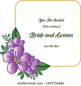 Wedding invitation card bride and groom, save the date design with cute purple flower frame. Vector