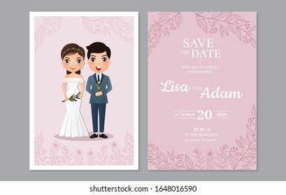  Wedding invitation card the bride and groom cute couple cartoon character.Colorful vector illustration for event celebration 