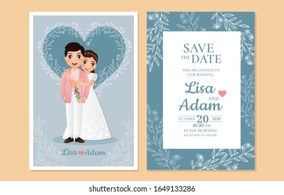  Wedding invitation card the bride and groom cute couple cartoon character.Colorful vector illustration for event celebration 