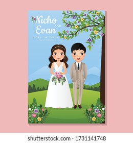 Wedding invitation card the bride and groom cute couple cartoon character in beautiful nature and flowers. Landscape background 