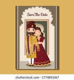 Wedding invitation card the bride and groom cute couple in traditional indian dress cartoon character. Vector illustration.