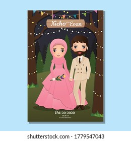Wedding invitation card the bride and groom cute muslim couple cartoon  with Landscape beautiful background 