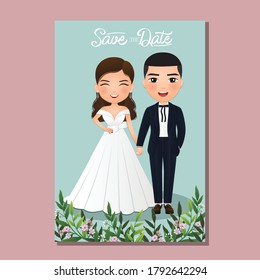 Wedding invitation card the bride and groom cute couple cartoon character.Vector illustration