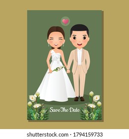 Wedding invitation card the bride and groom cute couple cartoon character.Flowers for event celebration 