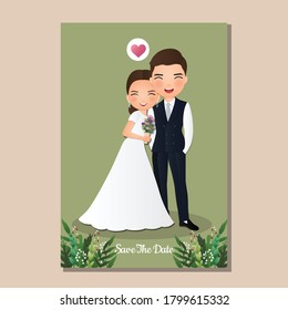 Wedding invitation card the bride and groom cute couple cartoon character.Vector illustration