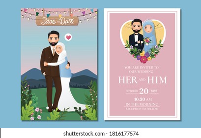  Wedding invitation card the bride and groom cute  muslim couple cartoon with Landscape beautiful background 
