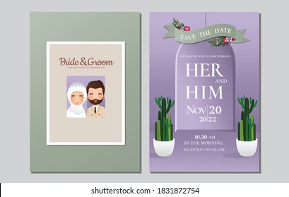  Wedding invitation card the bride and groom cute muslim couple cartoon 