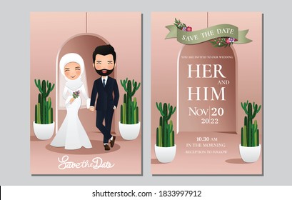  Wedding invitation card the bride and groom cute muslim couple cartoon character with green cactus and light pink background.Vector illustration 