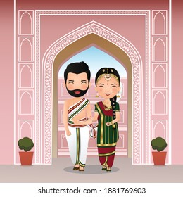  Wedding invitation card the bride and groom cute couple in traditional indian dress cartoon character. Vector illustration.