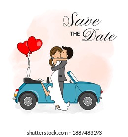 Wedding invitation card. Bride and groom embraced in front of the car