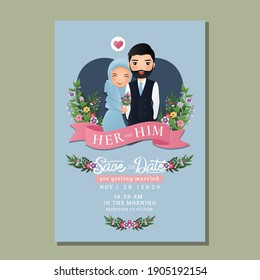  Wedding invitation card the bride and groom cute muslim couple cartoon  with beautiful flowers background 