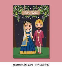  Wedding invitation card the bride and groom cute couple in traditional indian dress cartoon character. Vector illustration.