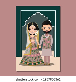  Wedding invitation card the bride and groom cute couple in traditional indian dress cartoon character. Vector illustration.