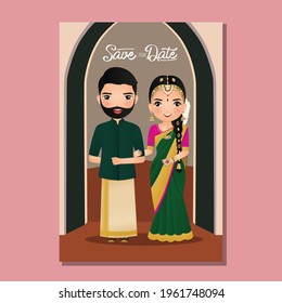  Wedding invitation card the bride and groom cute couple in traditional indian dress cartoon character. Vector illustration.