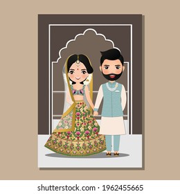  Wedding invitation card the bride and groom cute couple in traditional indian dress cartoon character. Vector illustration.