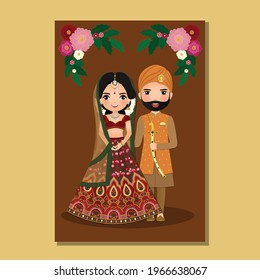  Wedding invitation card the bride and groom cute couple in traditional indian dress cartoon character. Vector illustration.