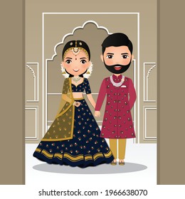  Wedding invitation card the bride and groom cute couple in traditional indian dress cartoon character. Vector illustration.