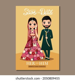  Wedding invitation card the bride and groom cute couple in traditional indian dress cartoon character. Vector illustration.