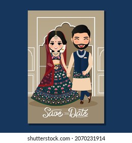  Wedding invitation card the bride and groom cute couple in traditional indian dress cartoon character. Vector illustration.